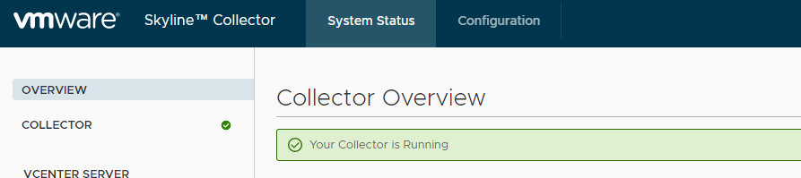 vmware 
OVERVIEW 
COLLECTOR 
Skyline"' Collector 
System Status 
Configuration 
Collector Overview 
@ Your Collector is Running 